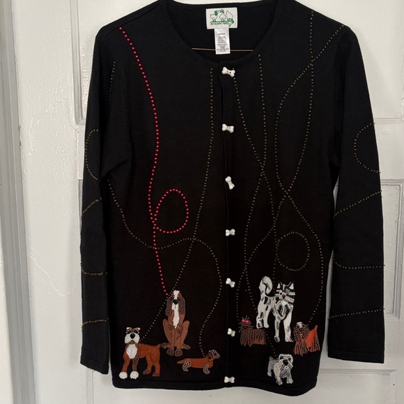 Quacker Factory Sweaters - Quacker Factory Black Cardigan with Dog Embroidery